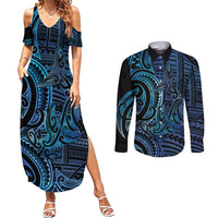New Zealand Hammerhead Shark Couples Matching Summer Maxi Dress and Long Sleeve Button Shirt Maori Haehae Mangopare Galaxy LT14 Blue - Polynesian Pride