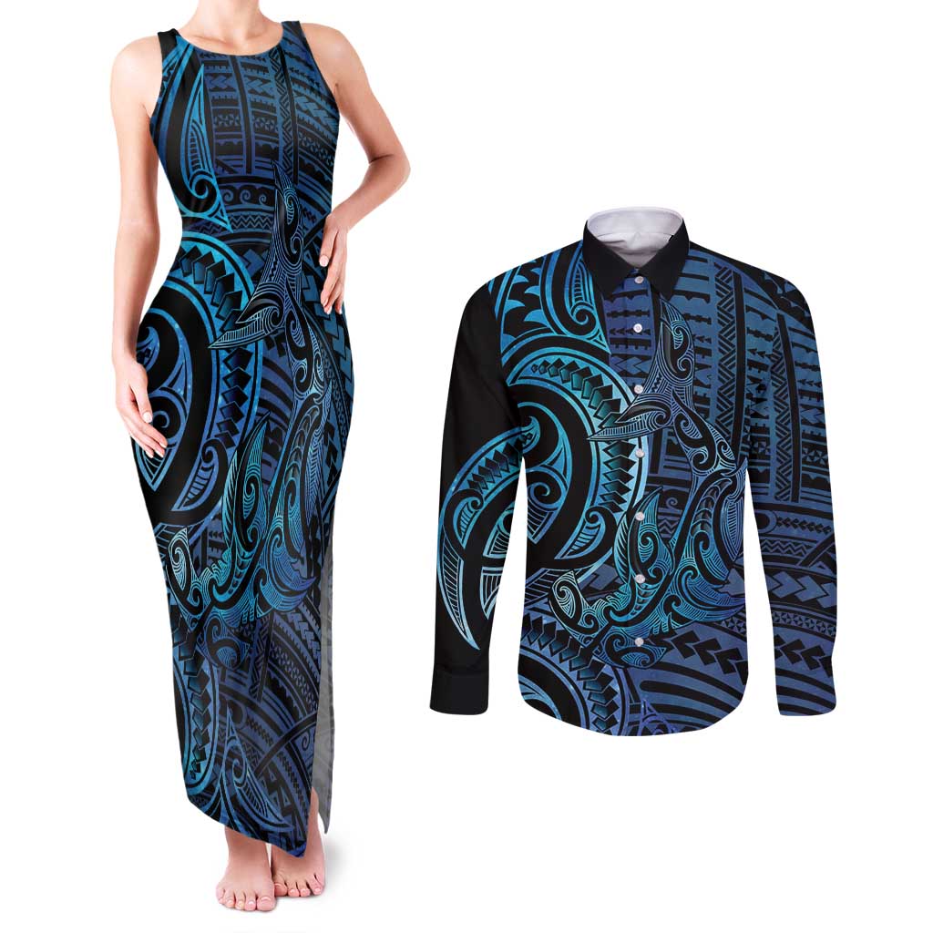 New Zealand Hammerhead Shark Couples Matching Tank Maxi Dress and Long Sleeve Button Shirt Maori Haehae Mangopare Galaxy LT14 Blue - Polynesian Pride