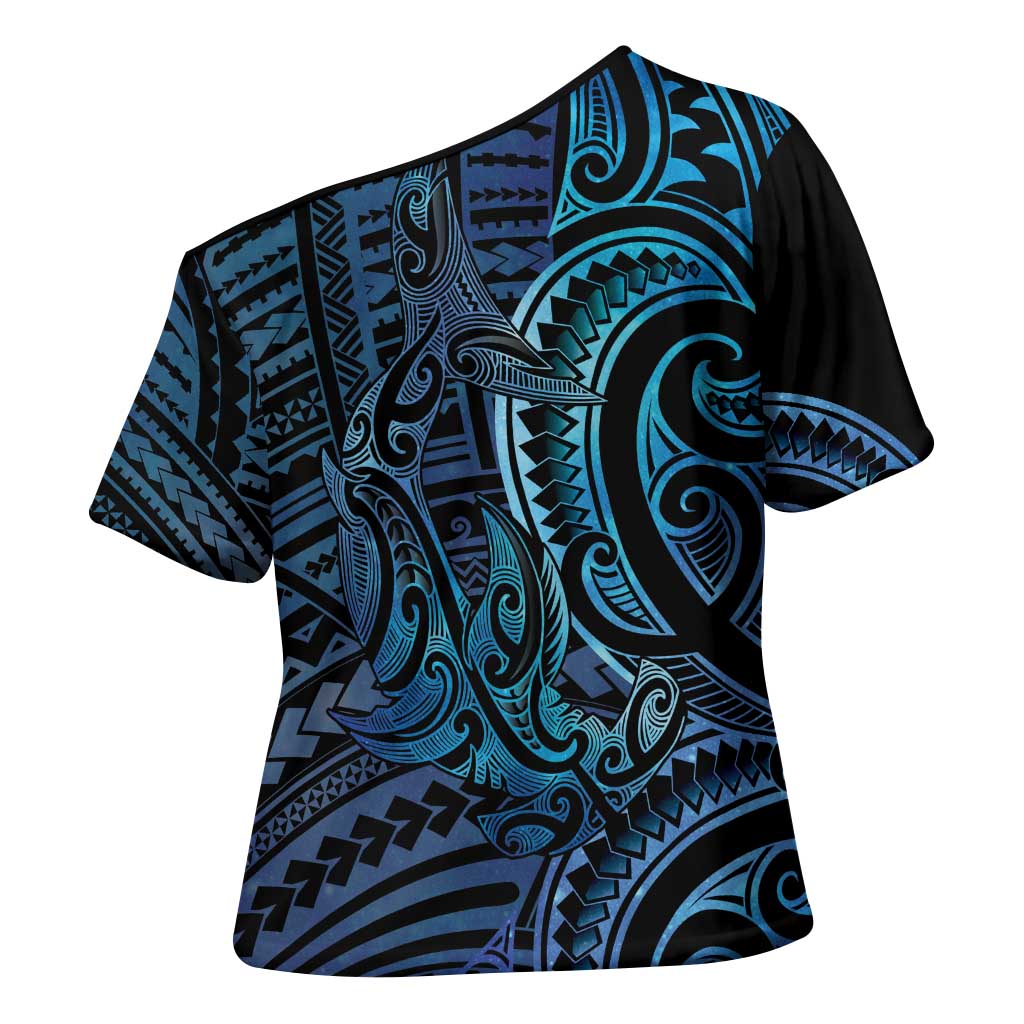 New Zealand Hammerhead Shark Cross Shoulder Shirt Maori Haehae Mangopare Galaxy LT14 - Polynesian Pride