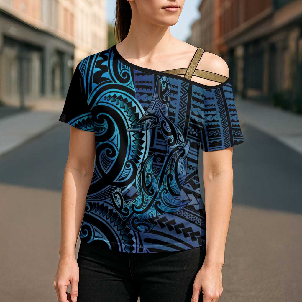 New Zealand Hammerhead Shark Cross Shoulder Shirt Maori Haehae Mangopare Galaxy LT14 - Polynesian Pride