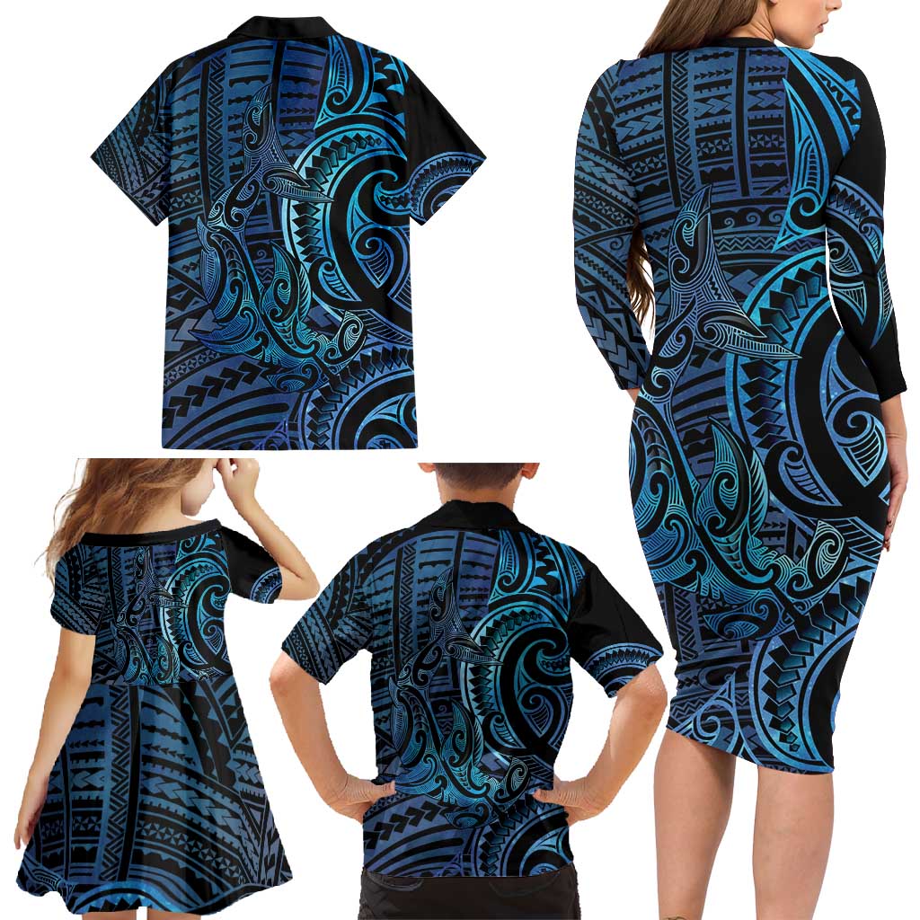 New Zealand Hammerhead Shark Family Matching Long Sleeve Bodycon Dress and Hawaiian Shirt Maori Haehae Mangopare Galaxy LT14 - Polynesian Pride