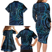 New Zealand Hammerhead Shark Family Matching Long Sleeve Bodycon Dress and Hawaiian Shirt Maori Haehae Mangopare Galaxy LT14 - Polynesian Pride