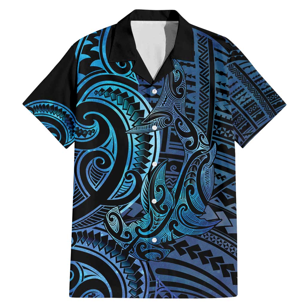 New Zealand Hammerhead Shark Family Matching Mermaid Dress and Hawaiian Shirt Maori Haehae Mangopare Galaxy LT14 Dad's Shirt - Short Sleeve Blue - Polynesian Pride