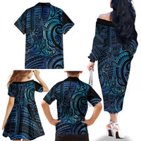 New Zealand Hammerhead Shark Family Matching Off The Shoulder Long Sleeve Dress and Hawaiian Shirt Maori Haehae Mangopare Galaxy LT14 - Polynesian Pride
