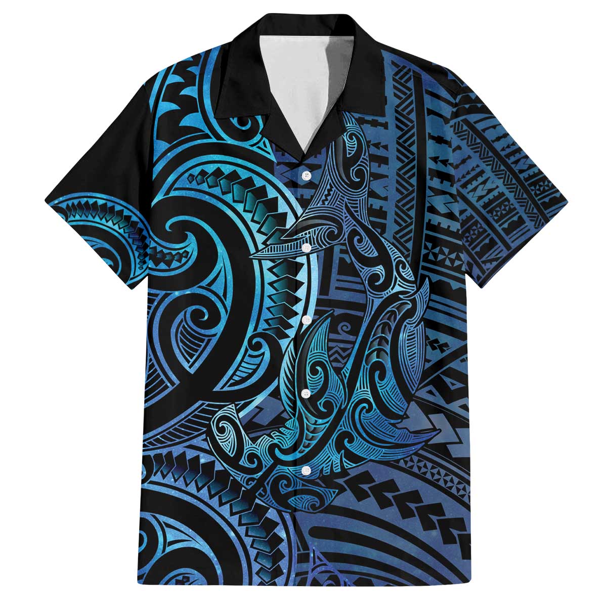 New Zealand Hammerhead Shark Family Matching Off The Shoulder Long Sleeve Dress and Hawaiian Shirt Maori Haehae Mangopare Galaxy LT14 Dad's Shirt - Short Sleeve Blue - Polynesian Pride
