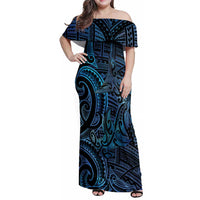 New Zealand Hammerhead Shark Family Matching Off Shoulder Maxi Dress and Hawaiian Shirt Maori Haehae Mangopare Galaxy LT14 Mom's Dress Blue - Polynesian Pride