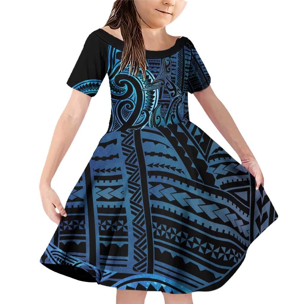 New Zealand Hammerhead Shark Family Matching Off Shoulder Short Dress and Hawaiian Shirt Maori Haehae Mangopare Galaxy LT14 Daughter's Dress Blue - Polynesian Pride