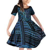 New Zealand Hammerhead Shark Family Matching Off Shoulder Short Dress and Hawaiian Shirt Maori Haehae Mangopare Galaxy LT14 Daughter's Dress Blue - Polynesian Pride