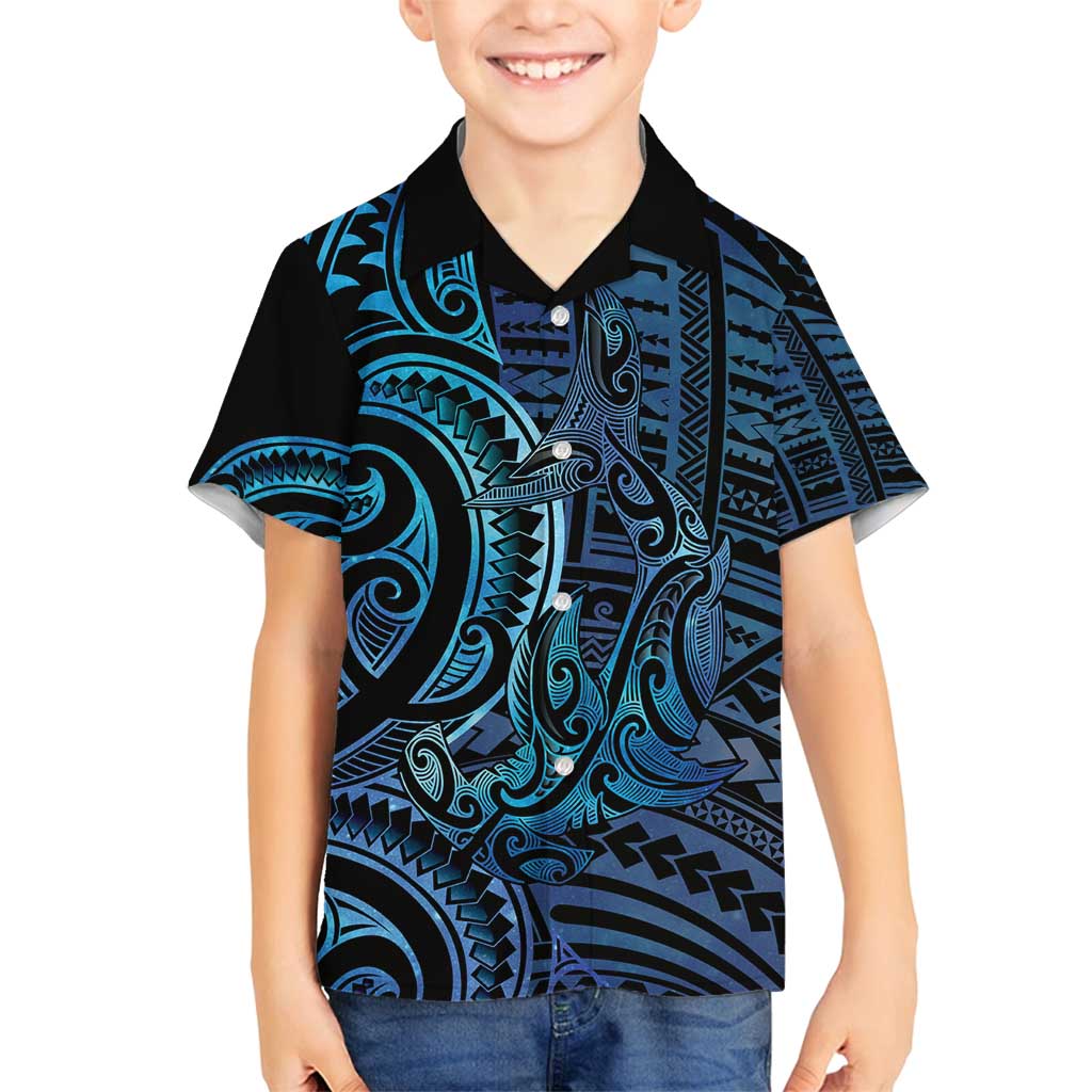 New Zealand Hammerhead Shark Family Matching Puletasi and Hawaiian Shirt Maori Haehae Mangopare Galaxy LT14 Son's Shirt Blue - Polynesian Pride
