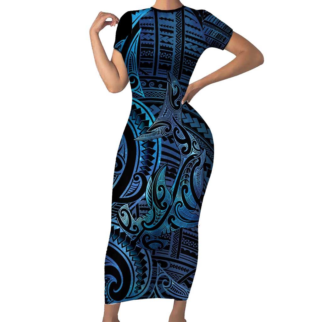 New Zealand Hammerhead Shark Family Matching Short Sleeve Bodycon Dress and Hawaiian Shirt Maori Haehae Mangopare Galaxy LT14 Mom's Dress Blue - Polynesian Pride