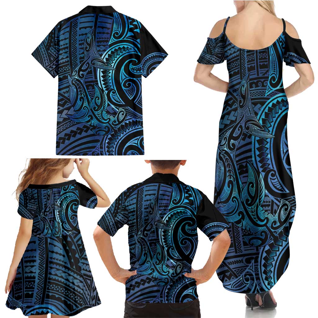 New Zealand Hammerhead Shark Family Matching Summer Maxi Dress and Hawaiian Shirt Maori Haehae Mangopare Galaxy LT14 - Polynesian Pride
