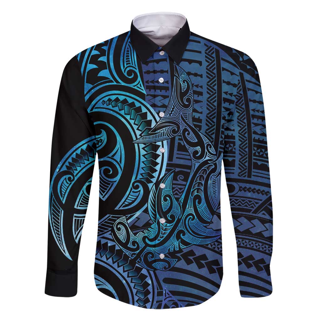 New Zealand Hammerhead Shark Family Matching Summer Maxi Dress and Hawaiian Shirt Maori Haehae Mangopare Galaxy LT14 Dad's Shirt - Long Sleeve Blue - Polynesian Pride