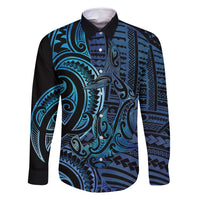 New Zealand Hammerhead Shark Family Matching Summer Maxi Dress and Hawaiian Shirt Maori Haehae Mangopare Galaxy LT14 Dad's Shirt - Long Sleeve Blue - Polynesian Pride