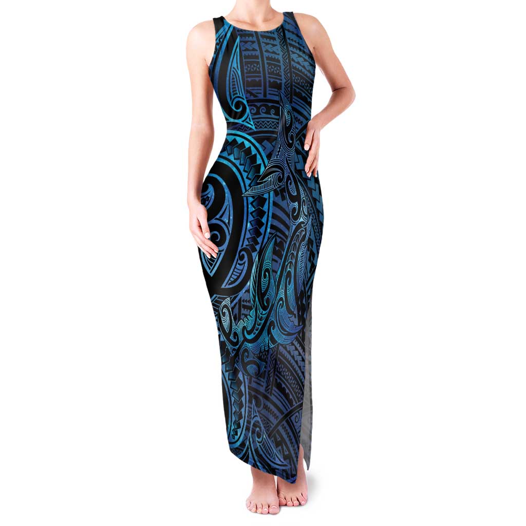 New Zealand Hammerhead Shark Family Matching Tank Maxi Dress and Hawaiian Shirt Maori Haehae Mangopare Galaxy LT14 Mom's Dress Blue - Polynesian Pride