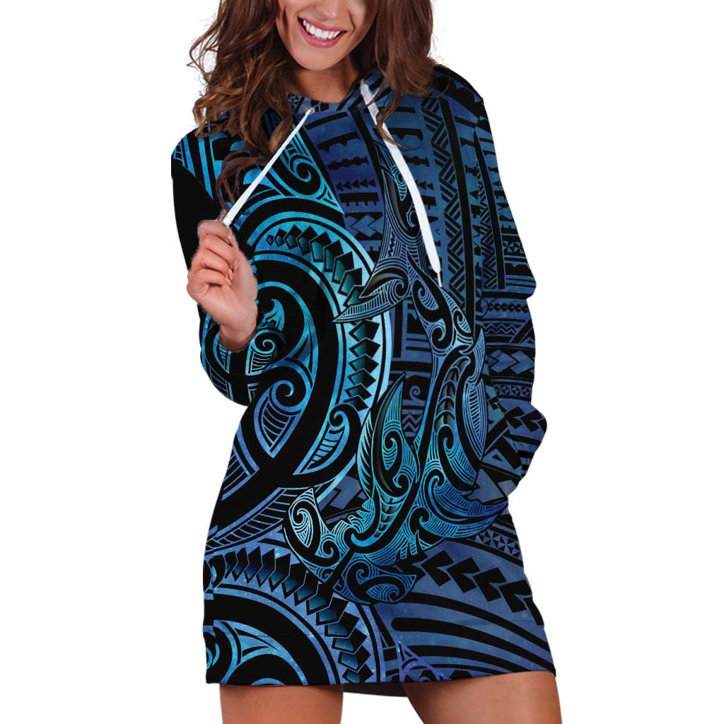 New Zealand Hammerhead Shark Hoodie Dress Maori Haehae Mangopare Galaxy LT14 Blue - Polynesian Pride