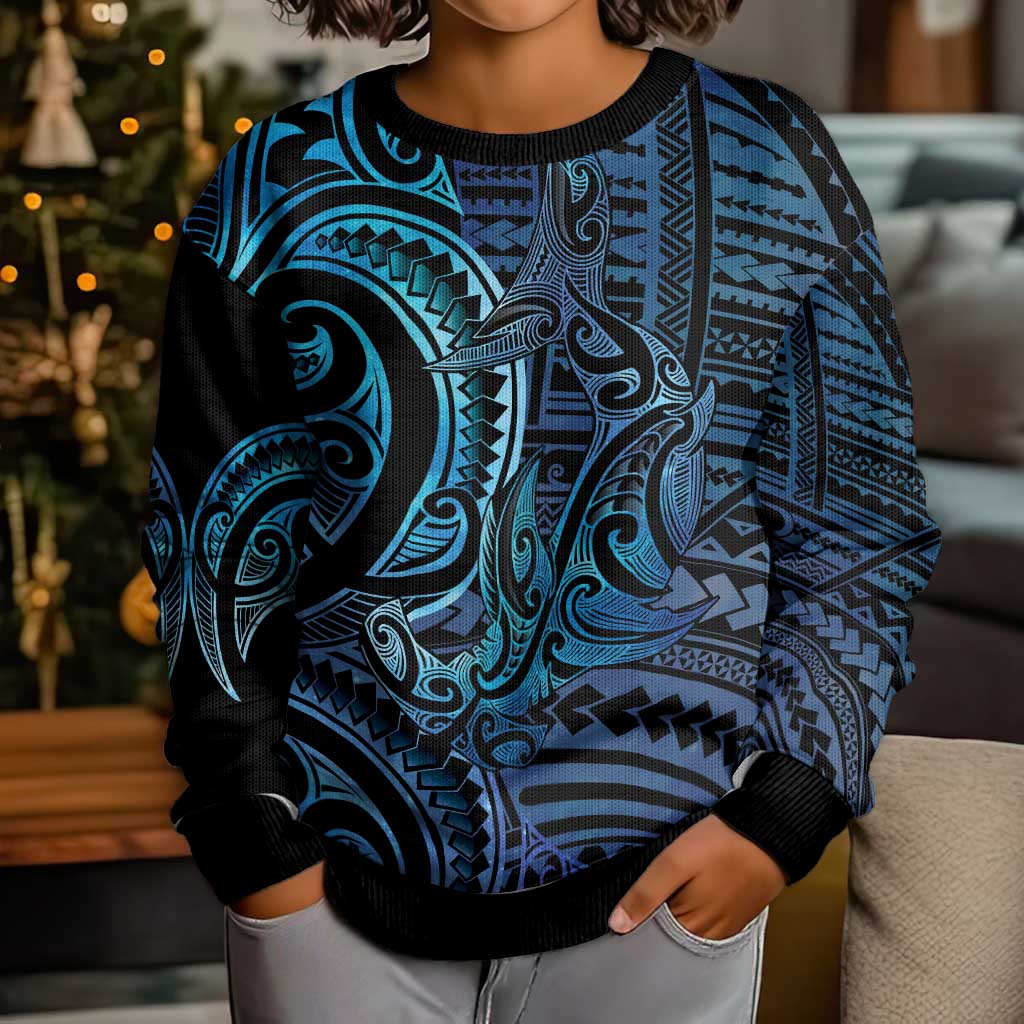 New Zealand Hammerhead Shark Kid Ugly Christmas Sweater Maori Haehae Mangopare Galaxy LT14 - Polynesian Pride