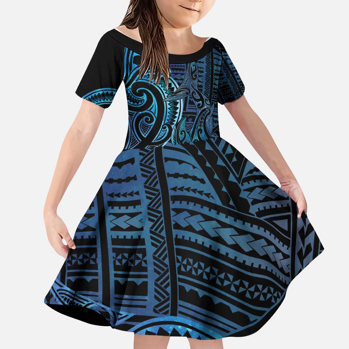 New Zealand Hammerhead Shark Kid Short Sleeve Dress Maori Haehae Mangopare Galaxy LT14 KID Blue - Polynesian Pride