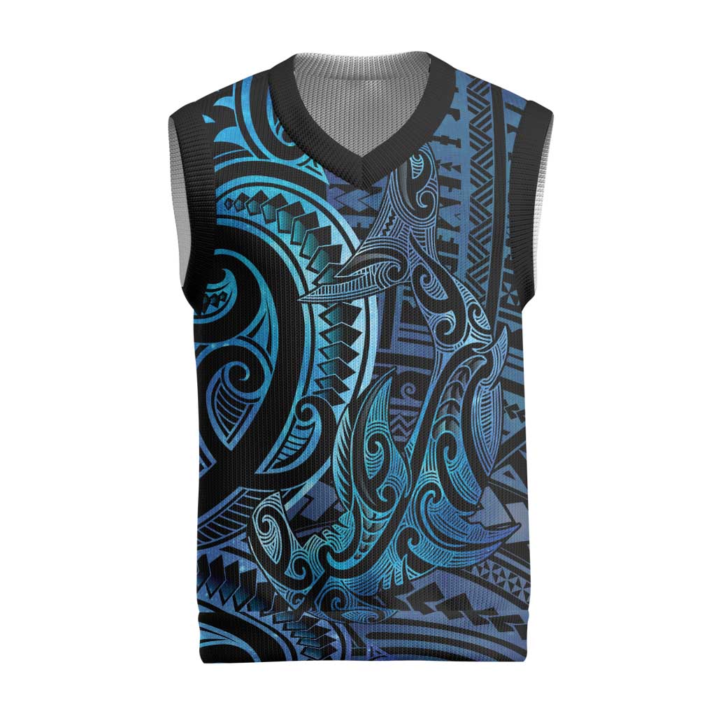 New Zealand Hammerhead Shark Christmas Knitted V-Neck Vest Maori Haehae Mangopare Galaxy LT14 Blue - Polynesian Pride
