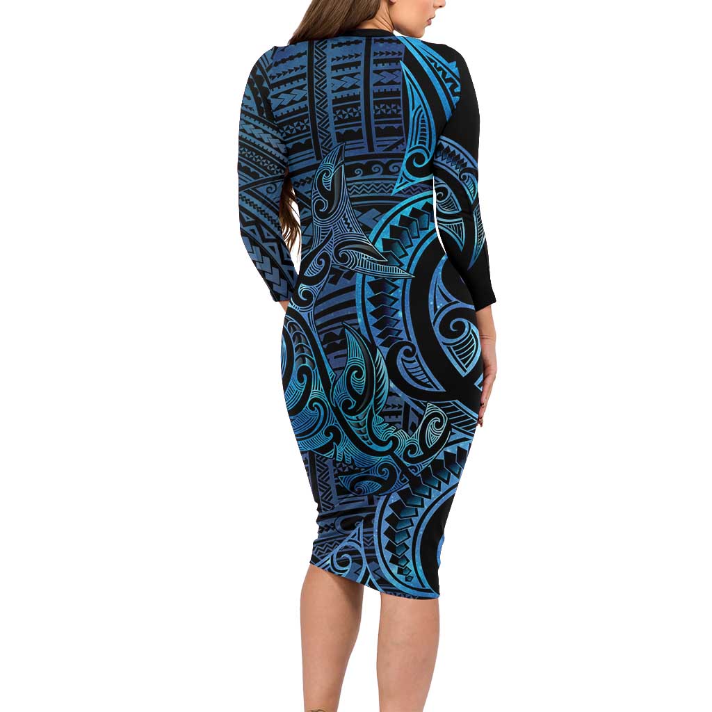 New Zealand Hammerhead Shark Long Sleeve Bodycon Dress Maori Haehae Mangopare Galaxy LT14 - Polynesian Pride