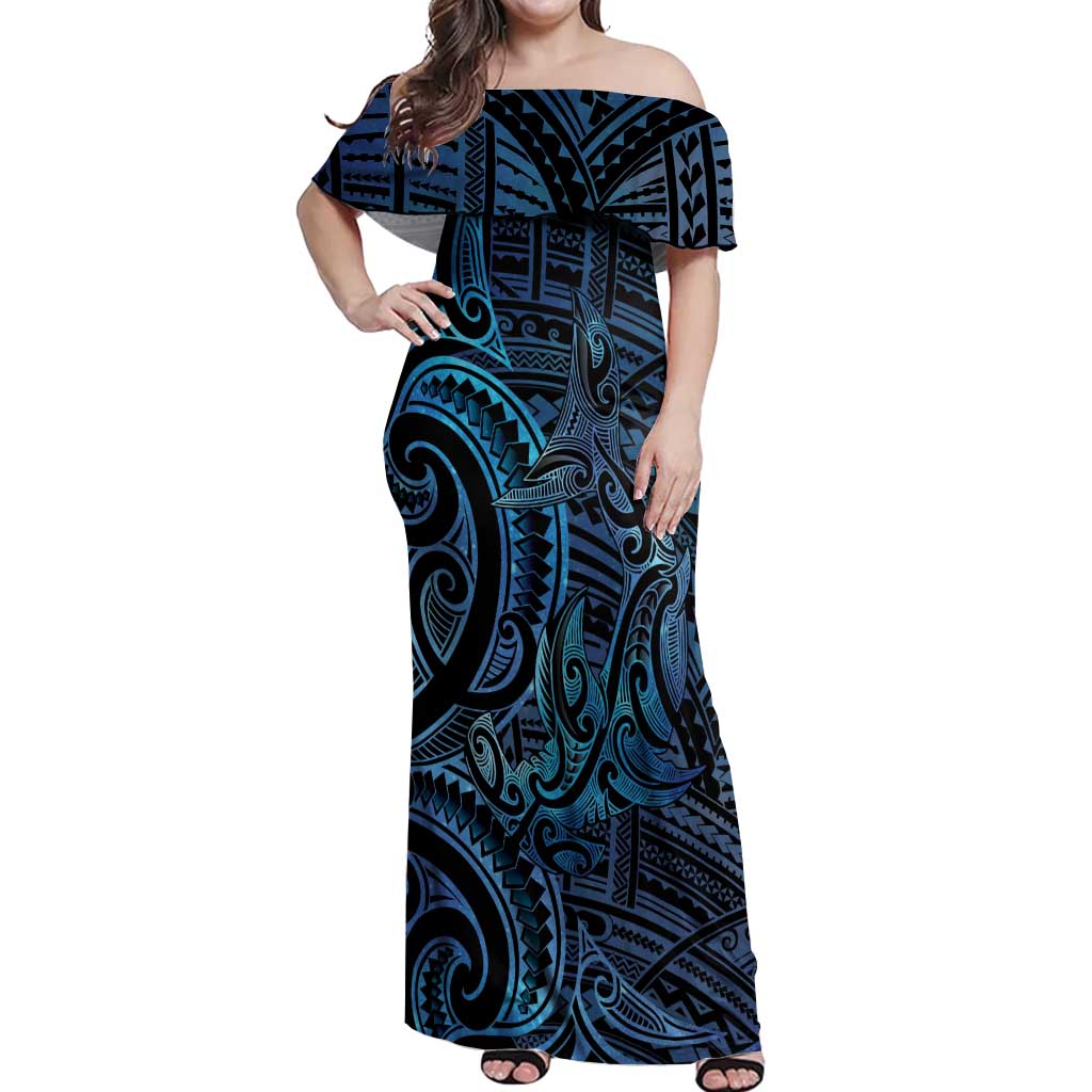 New Zealand Hammerhead Shark Off Shoulder Maxi Dress Maori Haehae Mangopare Galaxy LT14 Women Blue - Polynesian Pride