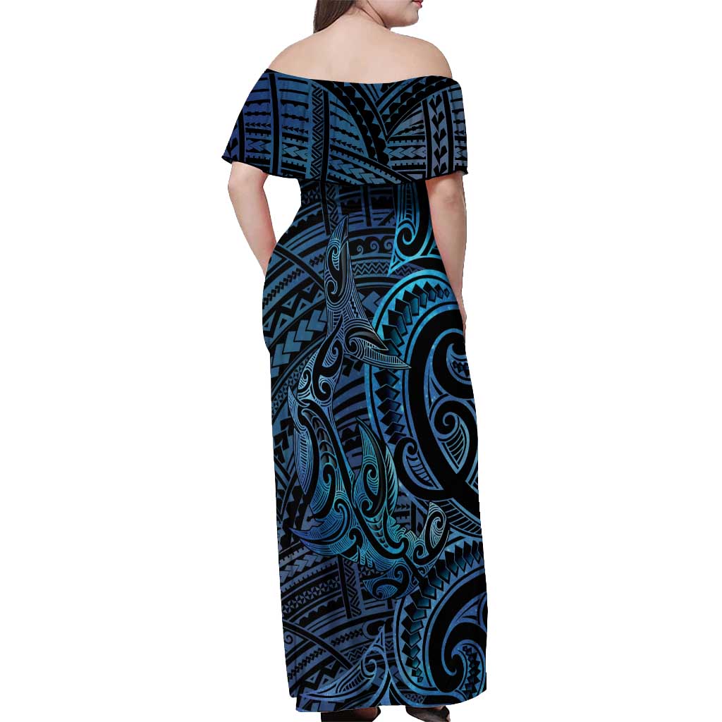 New Zealand Hammerhead Shark Off Shoulder Maxi Dress Maori Haehae Mangopare Galaxy LT14 - Polynesian Pride