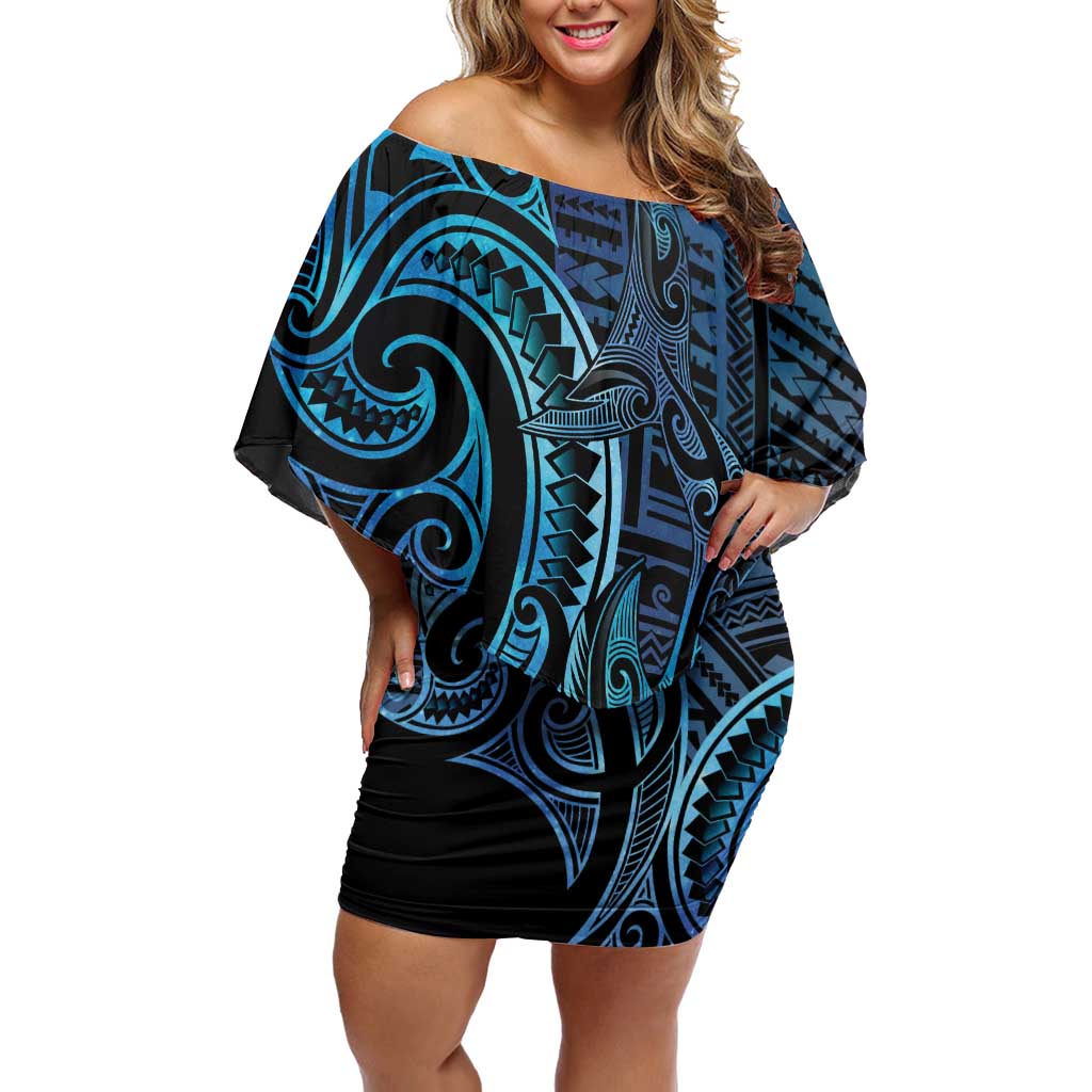 New Zealand Hammerhead Shark Off Shoulder Short Dress Maori Haehae Mangopare Galaxy LT14 Women Blue - Polynesian Pride