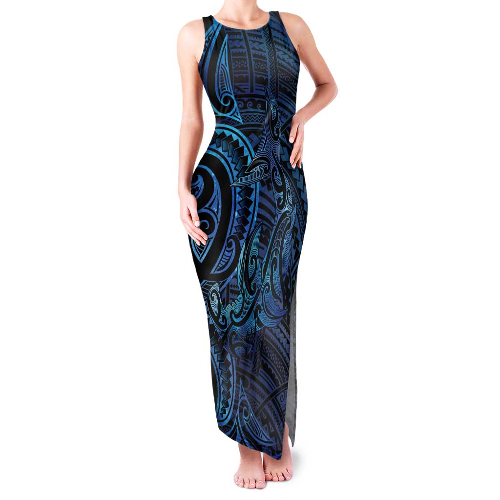 New Zealand Hammerhead Shark Tank Maxi Dress Maori Haehae Mangopare Galaxy LT14 Women Blue - Polynesian Pride