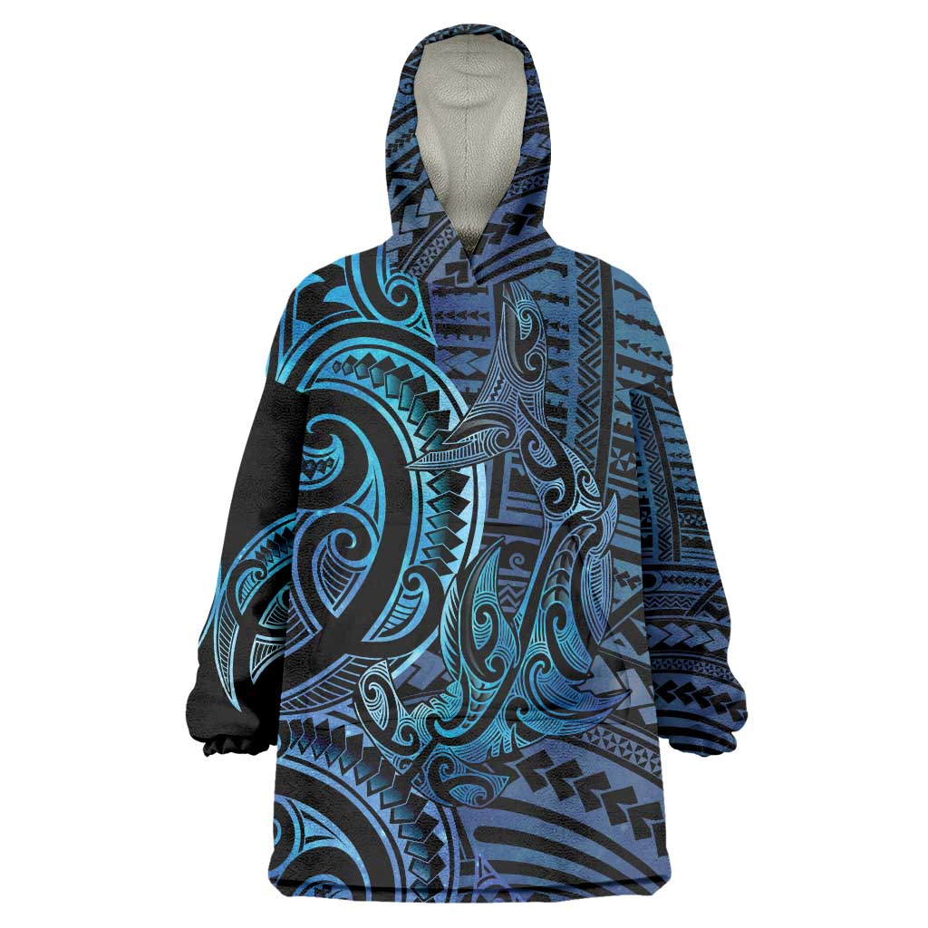 New Zealand Hammerhead Shark Wearable Blanket Hoodie Maori Haehae Mangopare Galaxy LT14 One Size Blue - Polynesian Pride
