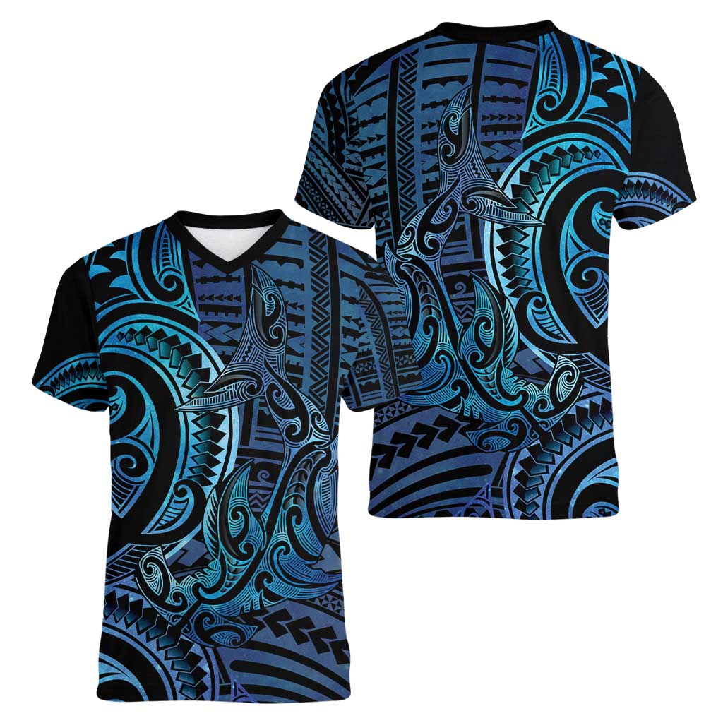 New Zealand Hammerhead Shark Women V-Neck T-Shirt Maori Haehae Mangopare Galaxy LT14 - Polynesian Pride