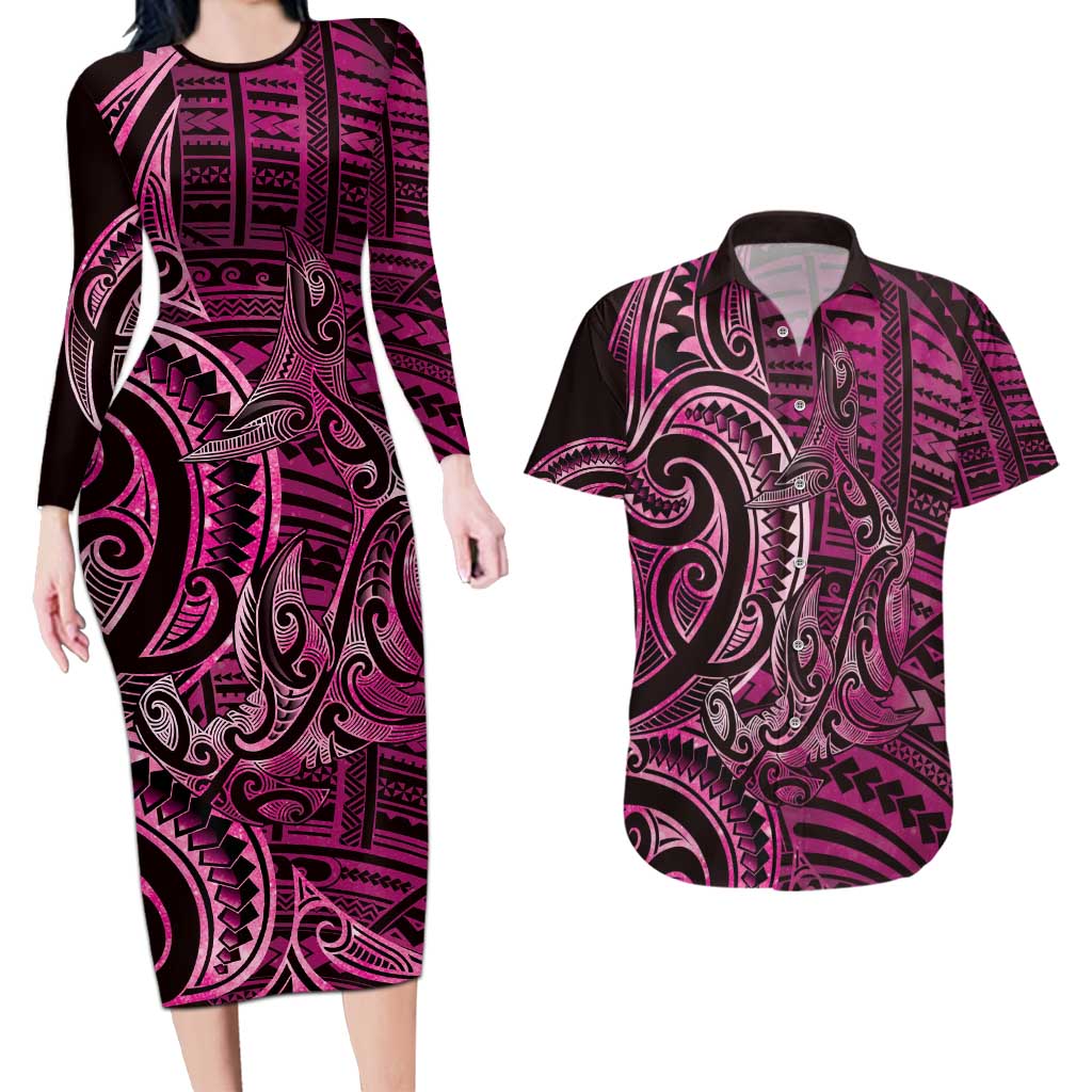 New Zealand Hammerhead Shark Couples Matching Long Sleeve Bodycon Dress and Hawaiian Shirt Maori Haehae Mangopare Pink LT14 Pink - Polynesian Pride
