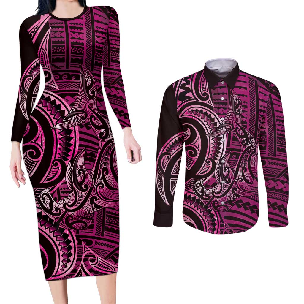 New Zealand Hammerhead Shark Couples Matching Long Sleeve Bodycon Dress and Long Sleeve Button Shirt Maori Haehae Mangopare Pink LT14 Pink - Polynesian Pride