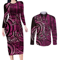 New Zealand Hammerhead Shark Couples Matching Long Sleeve Bodycon Dress and Long Sleeve Button Shirt Maori Haehae Mangopare Pink LT14 Pink - Polynesian Pride