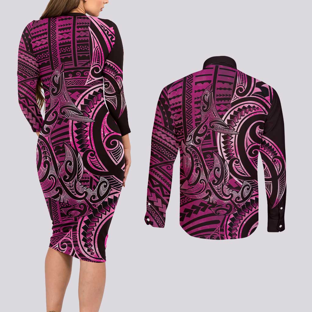 New Zealand Hammerhead Shark Couples Matching Long Sleeve Bodycon Dress and Long Sleeve Button Shirt Maori Haehae Mangopare Pink LT14 - Polynesian Pride