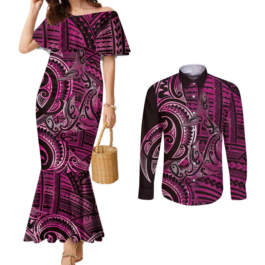 New Zealand Hammerhead Shark Couples Matching Mermaid Dress and Long Sleeve Button Shirt Maori Haehae Mangopare Pink - Polynesian Pride
