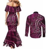 New Zealand Hammerhead Shark Couples Matching Mermaid Dress and Long Sleeve Button Shirt Maori Haehae Mangopare Pink LT14 - Polynesian Pride