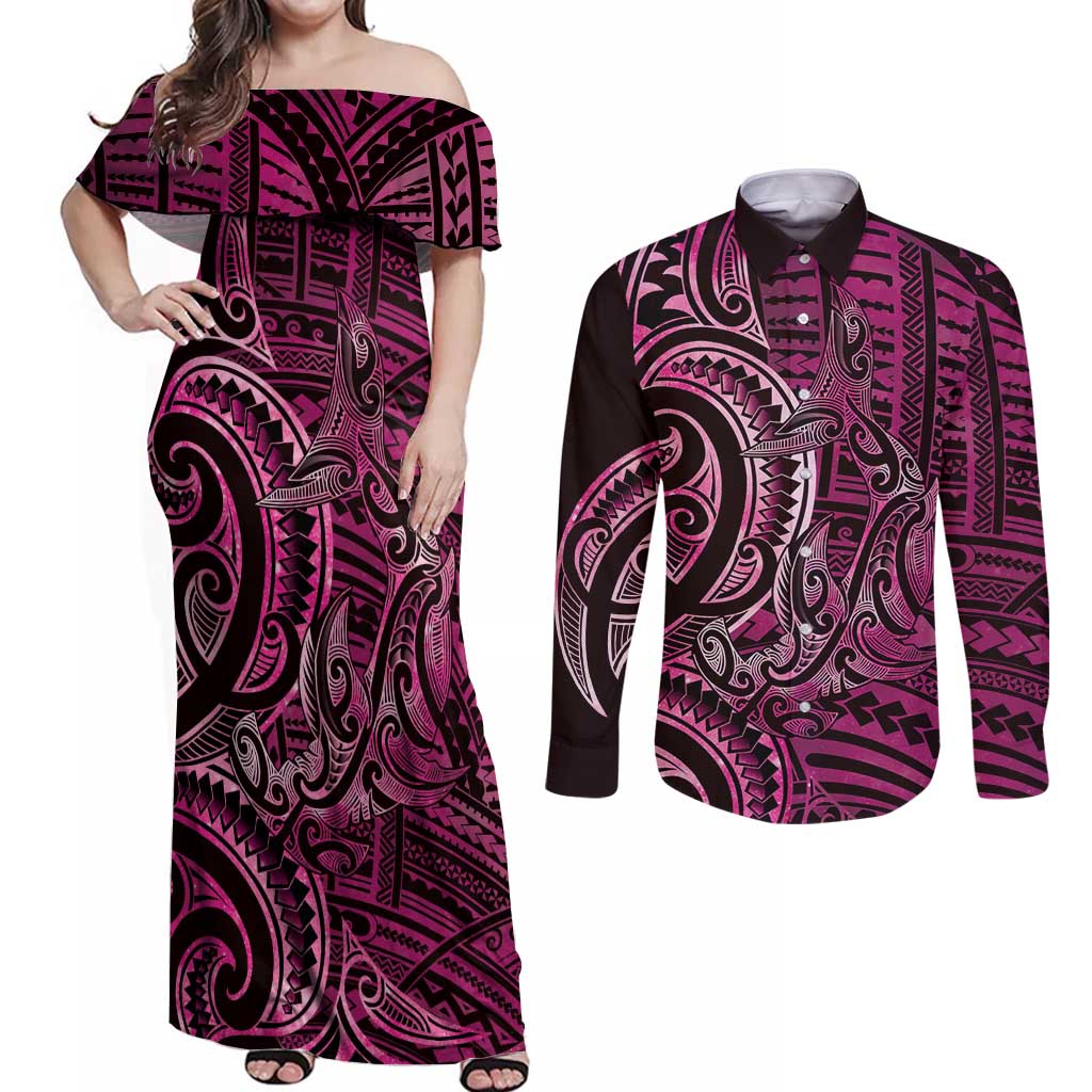 New Zealand Hammerhead Shark Couples Matching Off Shoulder Maxi Dress and Long Sleeve Button Shirt Maori Haehae Mangopare Pink LT14 Pink - Polynesian Pride