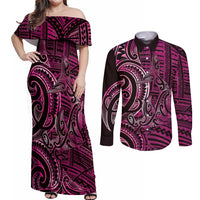 New Zealand Hammerhead Shark Couples Matching Off Shoulder Maxi Dress and Long Sleeve Button Shirt Maori Haehae Mangopare Pink LT14 Pink - Polynesian Pride