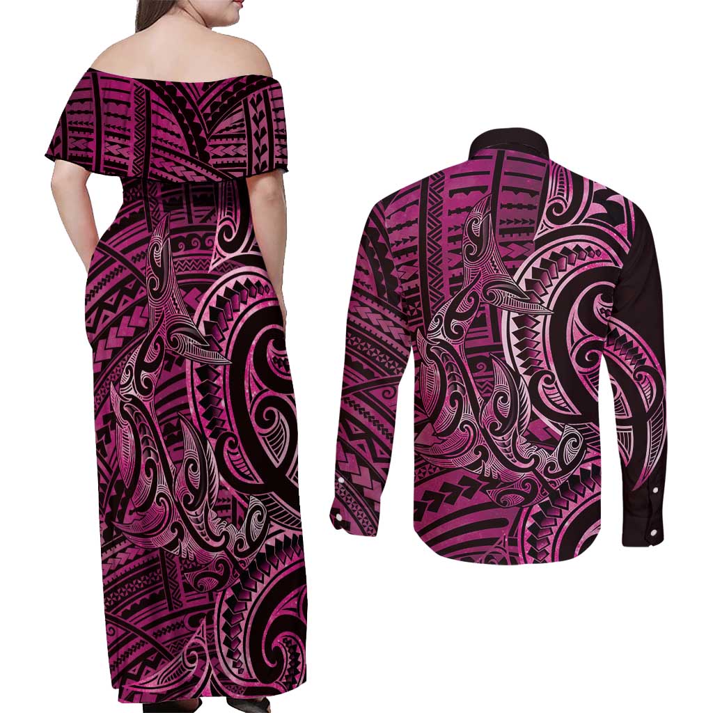New Zealand Hammerhead Shark Couples Matching Off Shoulder Maxi Dress and Long Sleeve Button Shirt Maori Haehae Mangopare Pink LT14 - Polynesian Pride
