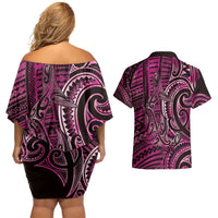 New Zealand Hammerhead Shark Couples Matching Off Shoulder Short Dress and Hawaiian Shirt Maori Haehae Mangopare Pink LT14 - Polynesian Pride