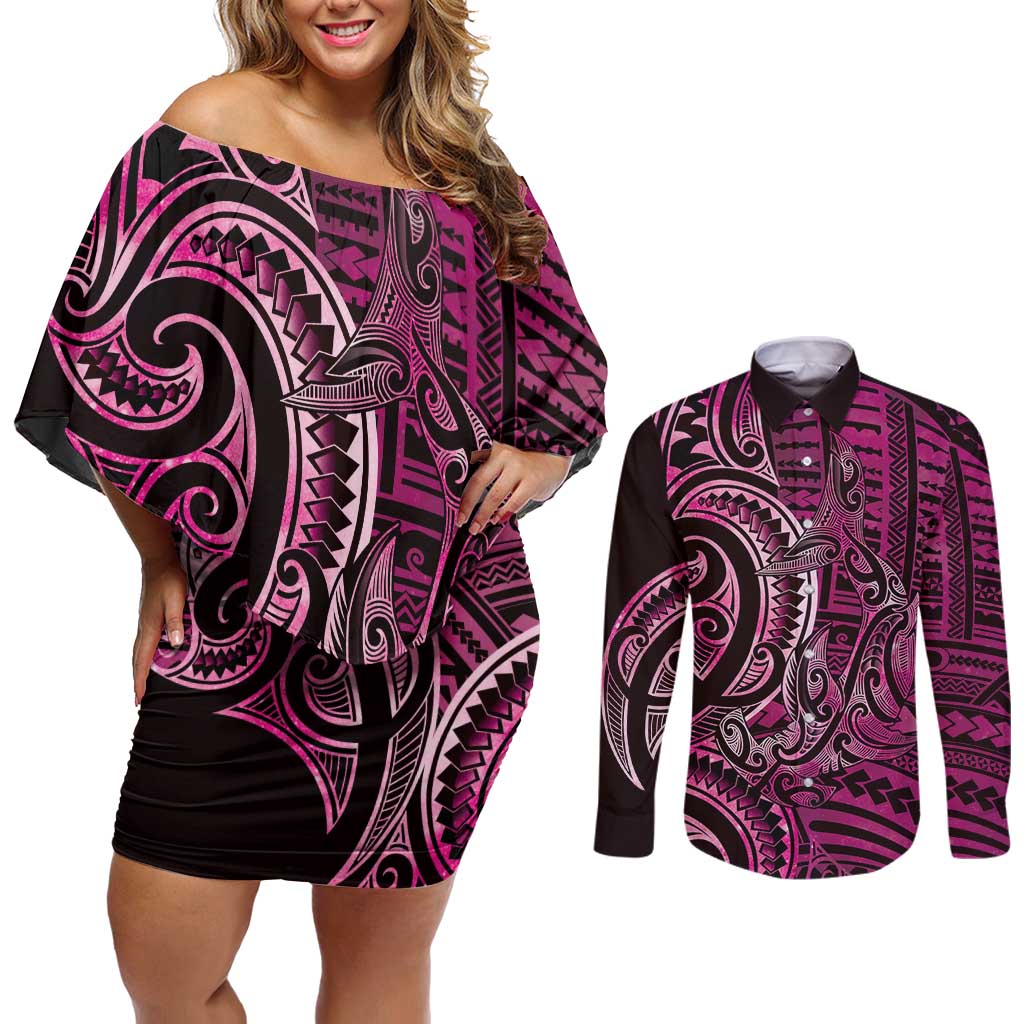 New Zealand Hammerhead Shark Couples Matching Off Shoulder Short Dress and Long Sleeve Button Shirt Maori Haehae Mangopare Pink LT14 Pink - Polynesian Pride