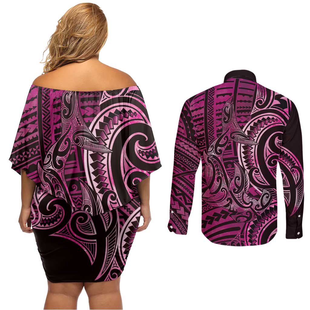 New Zealand Hammerhead Shark Couples Matching Off Shoulder Short Dress and Long Sleeve Button Shirt Maori Haehae Mangopare Pink LT14 - Polynesian Pride
