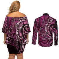 New Zealand Hammerhead Shark Couples Matching Off Shoulder Short Dress and Long Sleeve Button Shirt Maori Haehae Mangopare Pink LT14 - Polynesian Pride