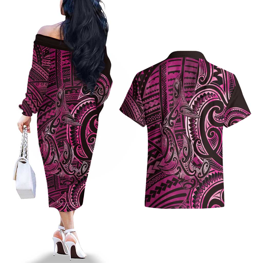 New Zealand Hammerhead Shark Couples Matching Off The Shoulder Long Sleeve Dress and Hawaiian Shirt Maori Haehae Mangopare Pink LT14 - Polynesian Pride
