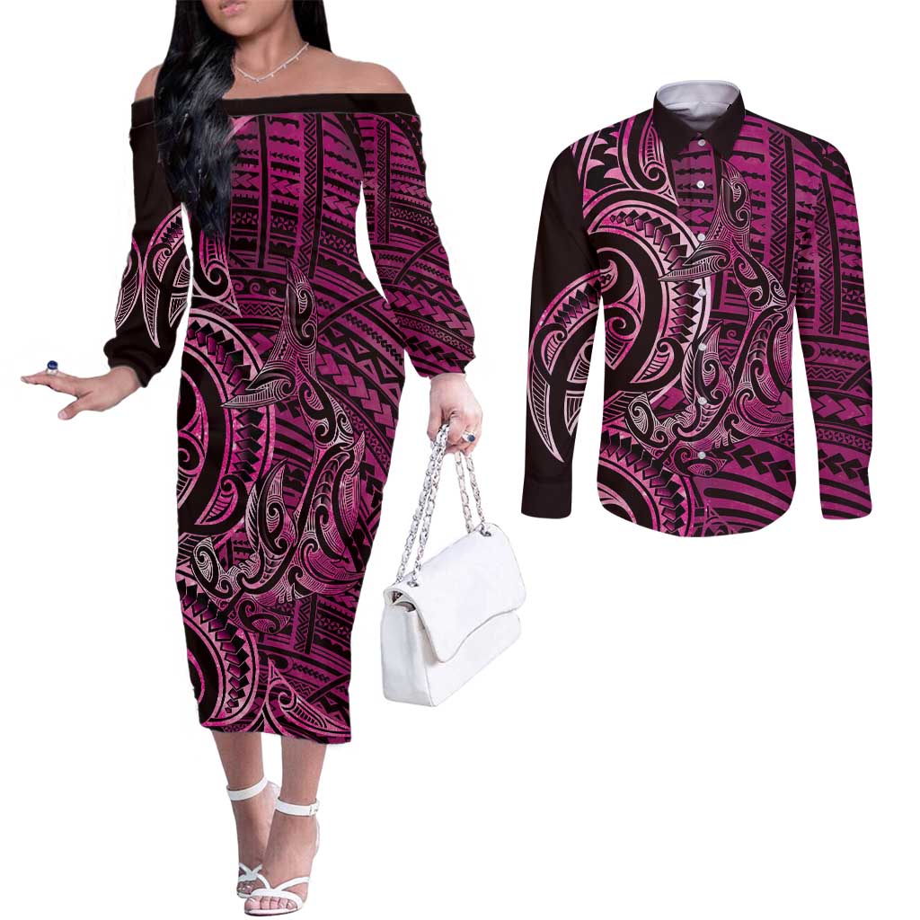 New Zealand Hammerhead Shark Couples Matching Off The Shoulder Long Sleeve Dress and Long Sleeve Button Shirt Maori Haehae Mangopare Pink LT14 Pink - Polynesian Pride