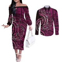 New Zealand Hammerhead Shark Couples Matching Off The Shoulder Long Sleeve Dress and Long Sleeve Button Shirt Maori Haehae Mangopare Pink LT14 Pink - Polynesian Pride