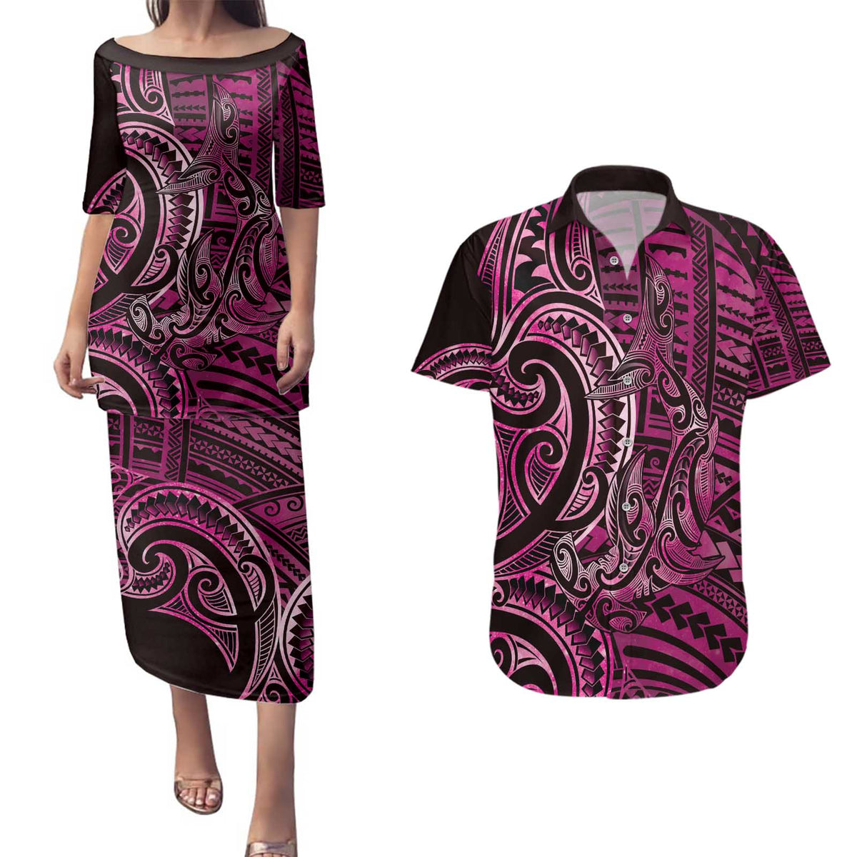 New Zealand Hammerhead Shark Couples Matching Puletasi and Hawaiian Shirt Maori Haehae Mangopare Pink LT14 Pink - Polynesian Pride