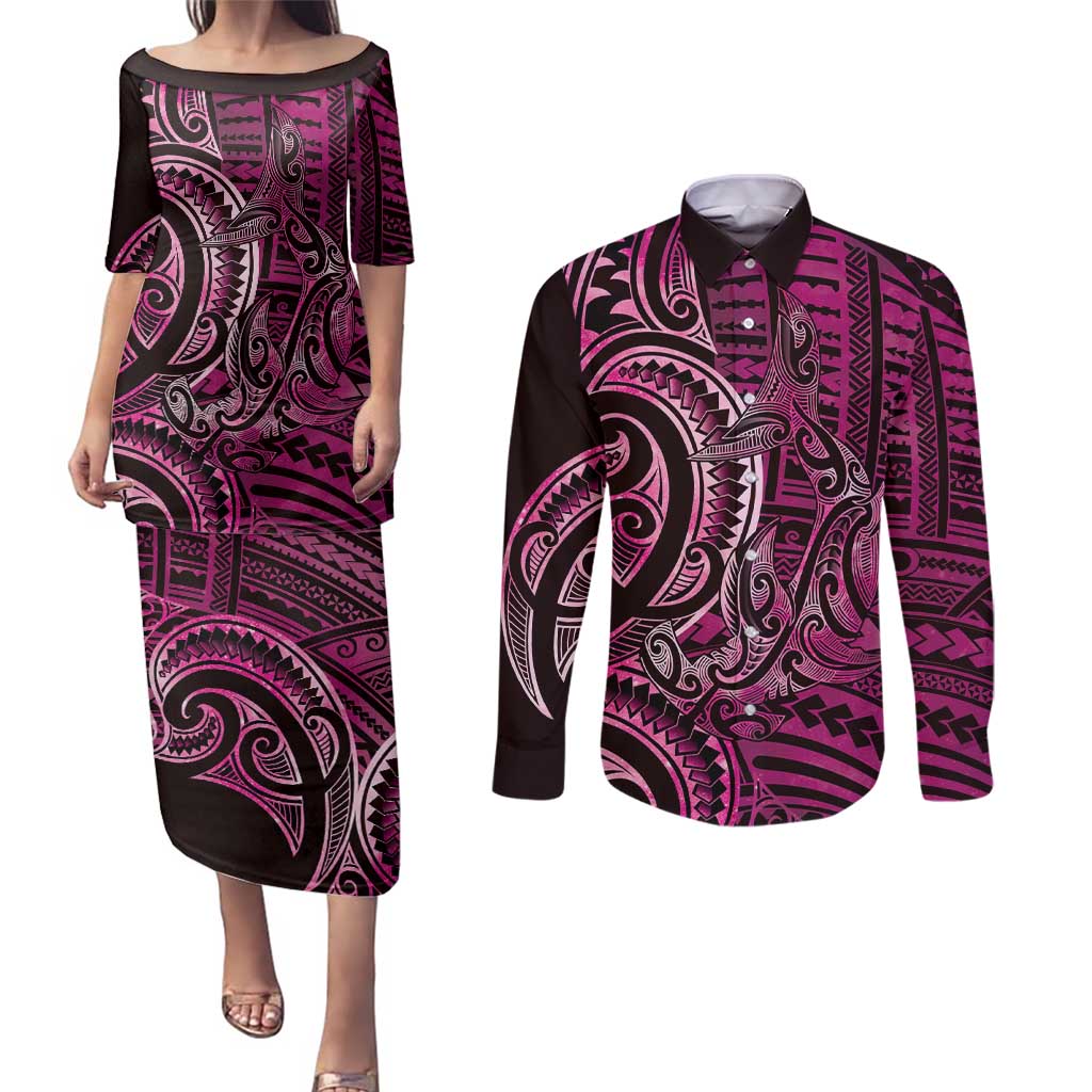 New Zealand Hammerhead Shark Couples Matching Puletasi and Long Sleeve Button Shirt Maori Haehae Mangopare Pink LT14 Pink - Polynesian Pride