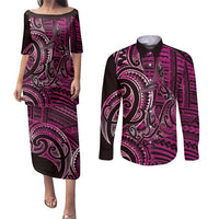 New Zealand Hammerhead Shark Couples Matching Puletasi and Long Sleeve Button Shirt Maori Haehae Mangopare Pink LT14 Pink - Polynesian Pride