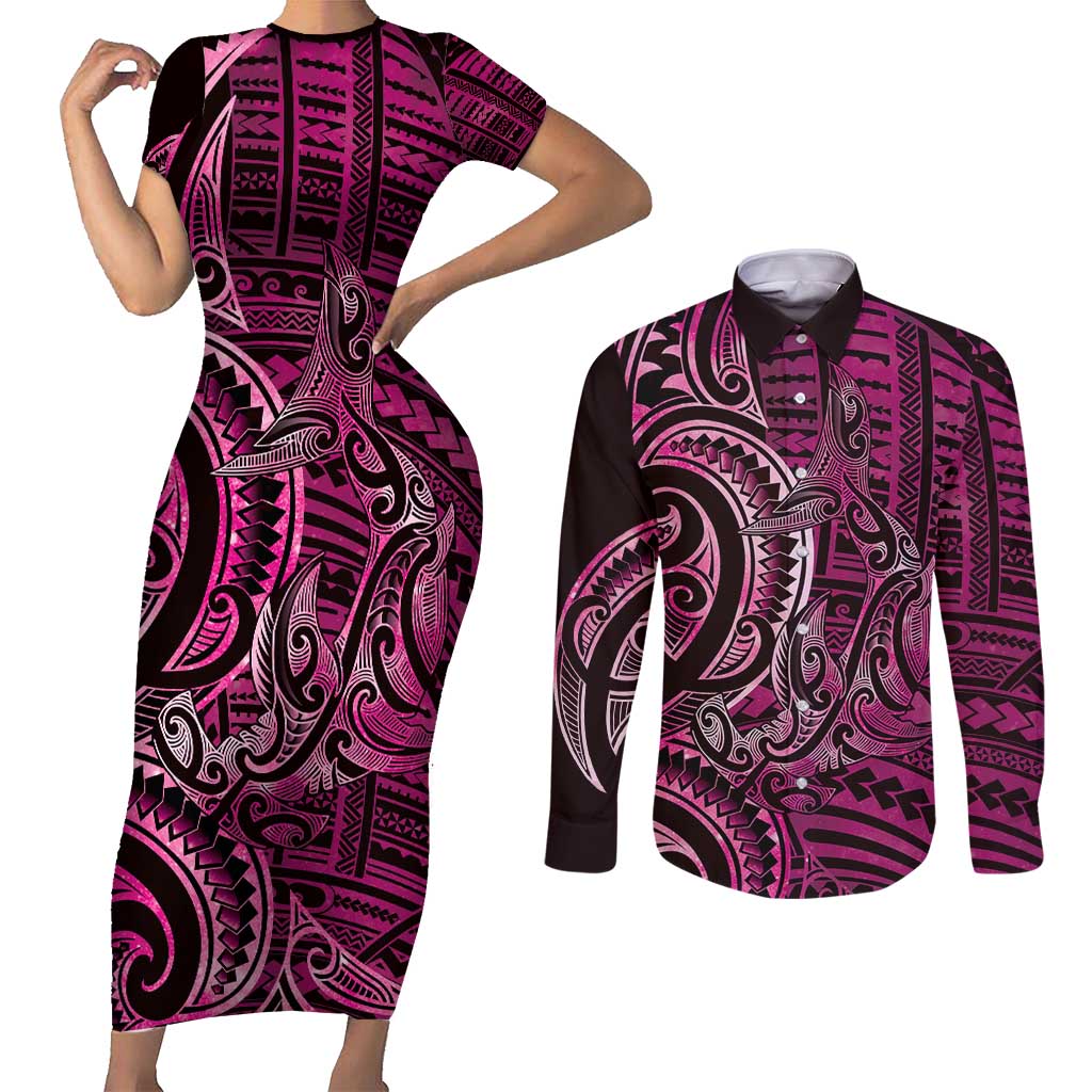 New Zealand Hammerhead Shark Couples Matching Short Sleeve Bodycon Dress and Long Sleeve Button Shirt Maori Haehae Mangopare Pink LT14 Pink - Polynesian Pride