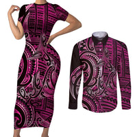 New Zealand Hammerhead Shark Couples Matching Short Sleeve Bodycon Dress and Long Sleeve Button Shirt Maori Haehae Mangopare Pink LT14 Pink - Polynesian Pride